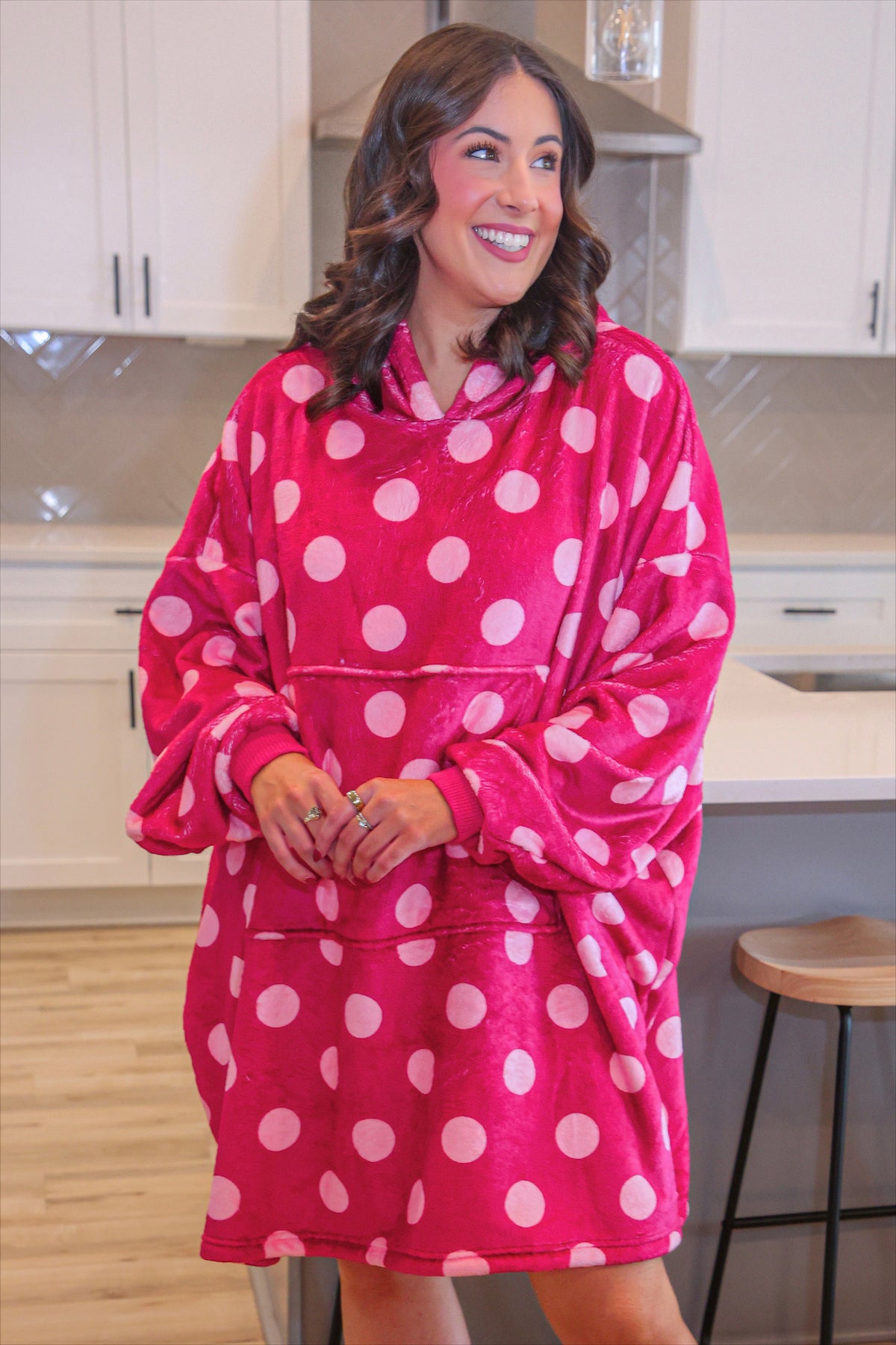 Cozy Blanket Hoodie- Magenta Polka Dot