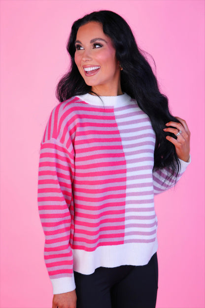 PREORDER- Nikki Color Block Sweater- Pink Stripe
