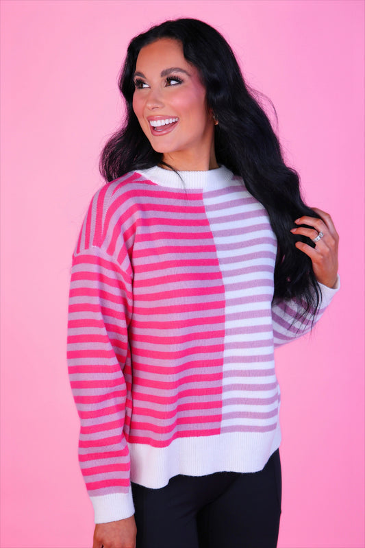 PREORDER- Nikki Color Block Sweater- Pink Stripe