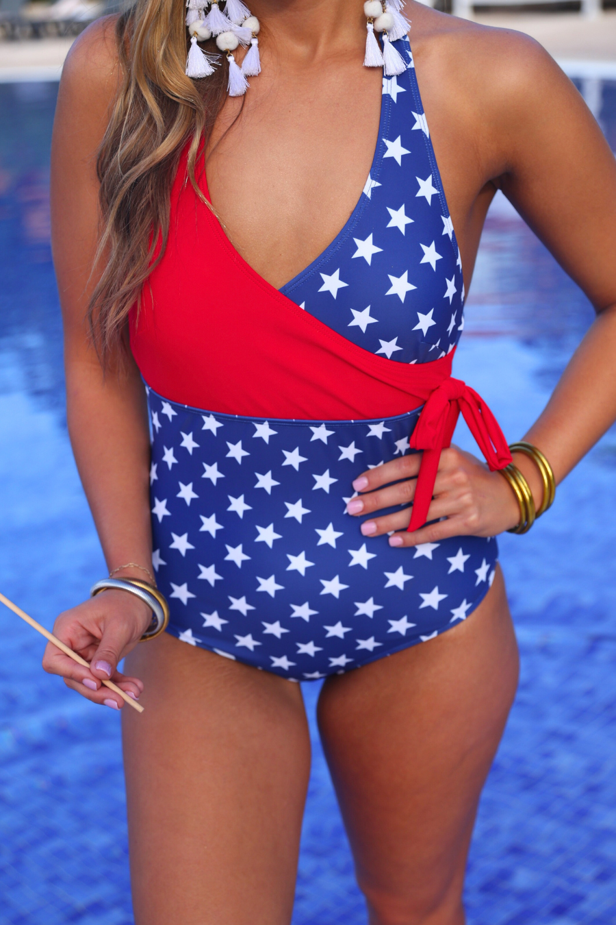 Liberty Wave Halter Swimsuit, Red/Blue