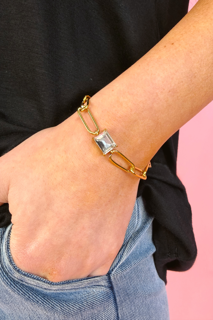 Paperclip Chain Bracelet- Gold/Crystal